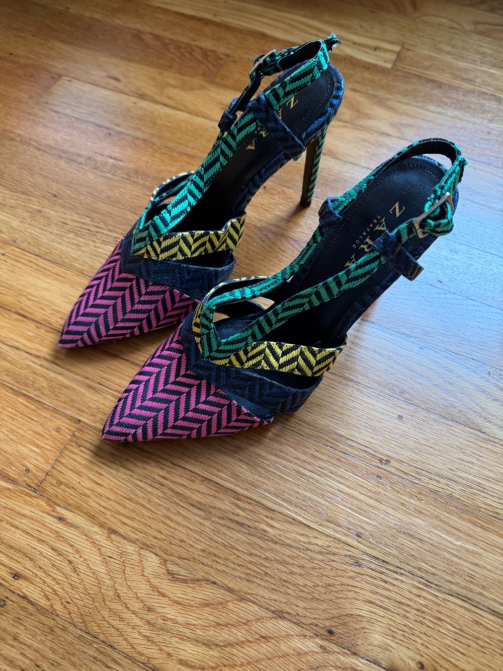 Zara Multicolor Pointed Slingback Heels - Pink, Yellow & Green